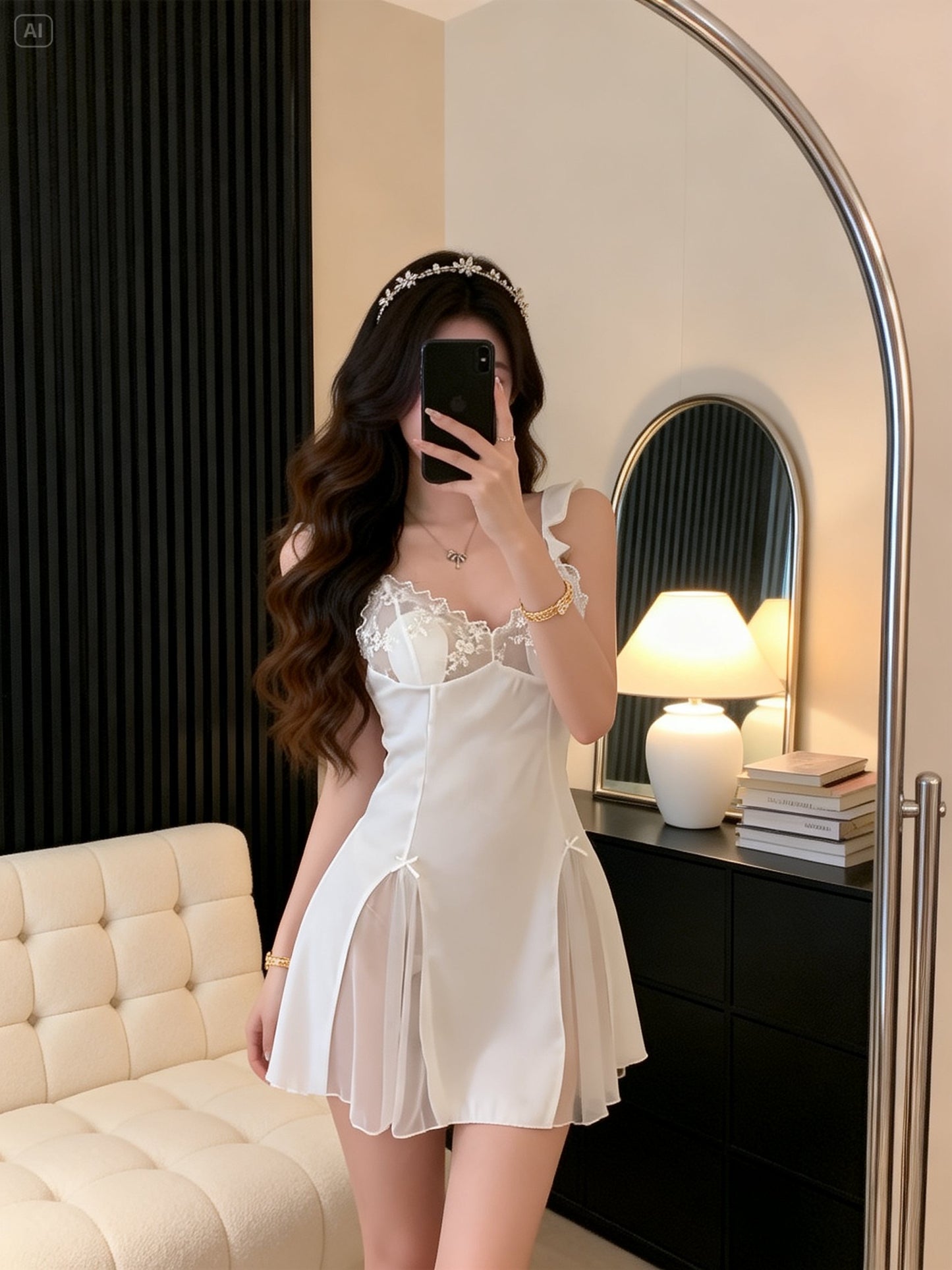 High-Slit Lace Slip Dress【0360】